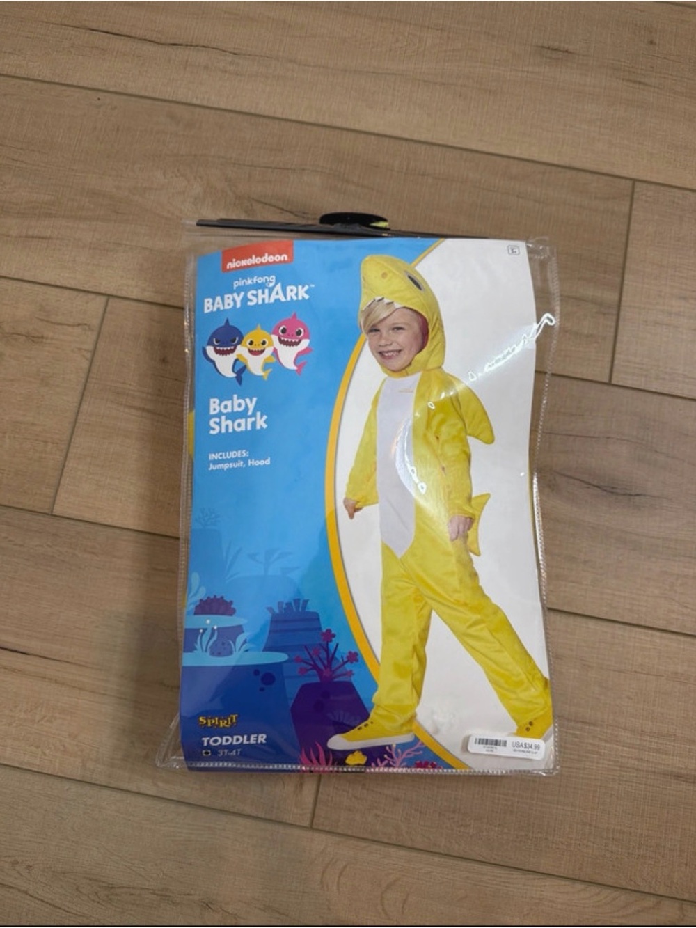 Baby Shark Pinkfong Toddler Halloween Costume 3T 4T Yellow Jumpsuit Hood Spirit